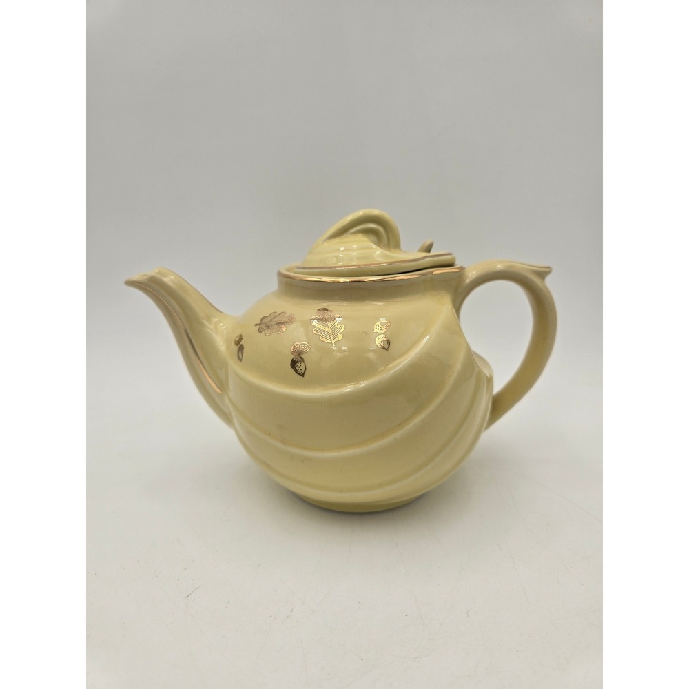 Hall China Yellow Teapot Gold‎ Leaf Acorn Swirl Pattern Vintage Ceramic